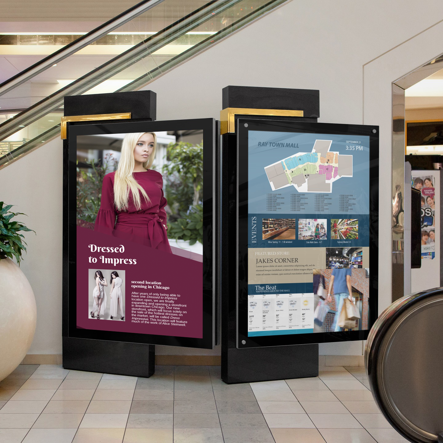 Digital display screens in a shopping mall with advertisements and maps.